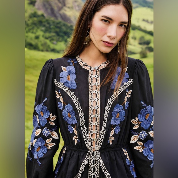 Farm Rio: Black Bold Flowers Long Sleeve Midi Dress - Picture 14 of 16